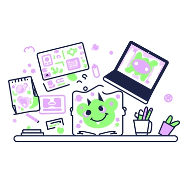 A designer's desk is cluttered with various drafts of a children's book cover. On the desk, there is a colorful illustration of a "friendly dragon" with a broad smile, large, expressive eyes, and whimsical features. The dragon is surrounded by playful elements such as clouds and stars. There are also scattered sketches and notes with ideas for the cover design. Next to the drafts, a sketchbook lies open, displaying additional concepts, alongside a cup filled with green and purple markers. A laptop is positioned at the back of the desk, showing a partially completed digital version of the cover. The overall scene is balanced and engaging, inviting viewers to explore the creative process.