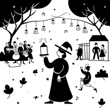 A witch in a flowing robe holding a glowing lantern that illuminates her surroundings. She stands in front of a large open area filled with various lanterns hanging from trees and floating in the air. Musical notes float around her, emanating from a group of musicians playing traditional instruments on one side of the scene. A diverse crowd of magical beings, including elves and fairies, dance joyfully around her. The ground is decorated with scattered leaves and shimmering stars.