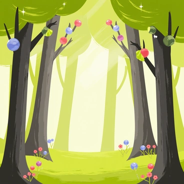A mystical forest filled with tall trees featuring thick trunks and lush green leaves. Instead of fruits, the branches are adorned with large, colorful gemstones in shades of blue, green, red, and purple. Sunlight filters through the canopy, casting sparkling reflections on the forest floor. Soft moss covers the ground, interspersed with small, vibrant flowers. A gentle breeze causes the gemstones to glisten and sway subtly, enhancing the enchanting atmosphere of the forest.