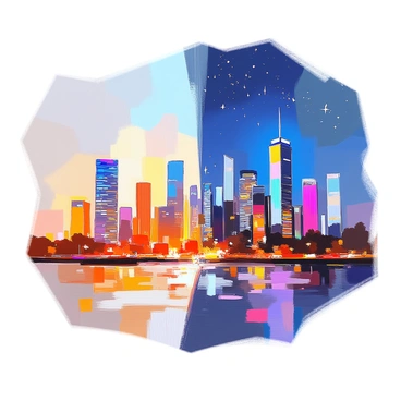A vibrant city skyline featuring a mix of modern and classic architecture. The left side of the skyline is illuminated by daylight, showcasing tall glass skyscrapers reflecting sunlight, while the right side transitions into a starry night sky, with twinkling stars scattered across a deep blue backdrop. The buildings are silhouetted against the sky, providing a striking contrast between the bright daytime and the tranquil nighttime. Streetlights on the nighttime side glow softly, hinting at the bustling life below.