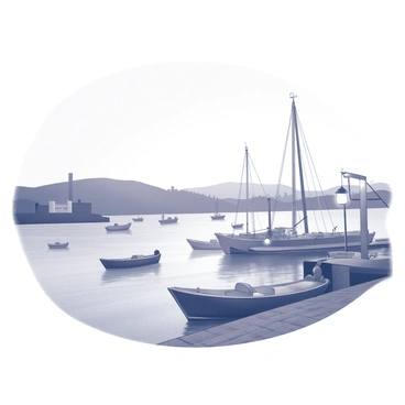 A harbor scene at dusk with various boats gently bobbing on the water. The boats include small sailboats with their sails lowered and larger fishing boats moored along the dock. The surrounding area features a wooden pier extending into the water, with a few lanterns hanging from it, casting soft light. The skyline in the background includes silhouettes of low hills and distant structures against the fading light of the sky. The surface of the water reflects the shapes of the boats and the structure of the pier.