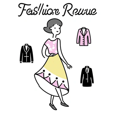 A vintage-style fashion revue poster. The poster features a central figure, a model wearing a flowing, elegant dress with a silhouette that is both modern and reminiscent of classic designs. The dress is adorned with intricate patterns and textures that evoke the spirit of Daniel Roseberry's fashion aesthetics. Surrounding the model are smaller images of additional outfits, showcasing various styles, including tailored jackets and unique accessories. The color palette consists of soft pastels and bold contrasts, enhancing the vintage feel. The title "Fashion Revue" is displayed prominently at the top in decorative, stylized font.