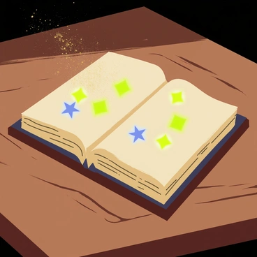 A wooden desk with a rich brown finish, showing visible wood grain and texture. An open, dusty book with aged yellowed pages sits on the desk, its cover dark and worn. Glowing symbols in bright green and blue appear on the open pages, casting an ethereal light. Dust particles float in the air, illuminated by the glow from the book. The surrounding atmosphere feels secretive and mystical.