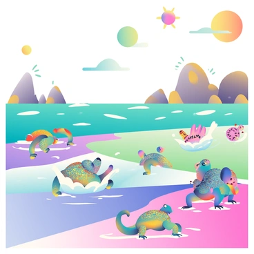 A vibrant beach on an alien planet is depicted with an array of unusual creatures playing in the surf. The creatures have bright, iridescent scales and varying shapes, some resembling small lizards while others appear more like jelly-like beings. They are splashing water and chasing waves, leaving ripples in the surf. The sand is a mix of vivid colors, such as bright purple, teal, and shimmering gold, creating a striking contrast against the ocean's hues. In the background, unusual rock formations rise from the sand, their surfaces glistening under a peculiar sky filled with multiple suns casting multicolored light on the scene.