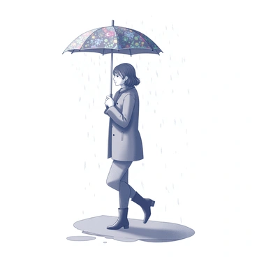 A woman stands on a sidewalk, holding an umbrella that is open above her head. The umbrella has an intricate pattern with a mix of vibrant designs. She is wearing a raincoat and has her hair slightly wet from the rain. Drops of rain are visibly falling around her, and there are puddles forming on the ground near her feet. The scene conveys a sense of movement as the rain falls and splashes against the pavement.