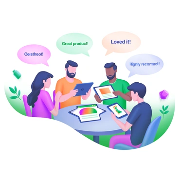 A modern pastel illustration depicting a diverse group of customers engaged with their devices, such as tablets and smartphones. Each customer is shown expressing their thoughts, with visible speech bubbles containing text like "Great product!", "Loved it!", and "Highly recommend!". The group includes individuals of various ages and ethnicities, sitting at a round table surrounded by plants and colorful decor. Their devices display vibrant images of the new product being reviewed.