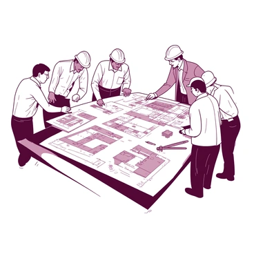 A group of engineers is gathered around a large wooden table covered with a spread of architectural blueprints. The blueprints are intricately detailed, showcasing various building designs and layouts in rich lines and shades. Each engineer is intently pointing at different sections of the blueprints, engaged in discussion. One engineer is holding a pencil, making notes on a blueprint, while another is leaning forward, examining a specific detail closely. The atmosphere is focused and collaborative, with tools such as rulers and compasses scattered across the table.