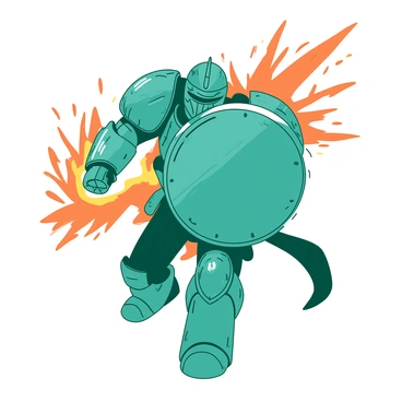 A teal armored knight named Reinhardt is charging into battle with his large, round shield raised in front of him. The shield has intricate designs and reflects light, creating a dynamic appearance. Surrounding him is a flurry of orange energy bursts and sparks, swirling powerfully around his figure. His posture is bold and determined, with his legs firmly planted as he moves forward. The environment around him is filled with motion, emphasizing the intensity of the battle.