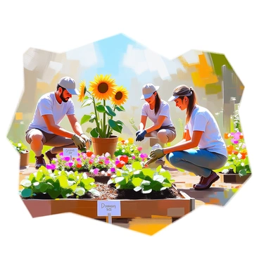 A vibrant community garden showcasing various plots, each meticulously labeled with the words "Stocks", "Bonds", and "Pension Contributions". The garden is filled with an array of colorful flowers and greenery, with well-tended vegetable patches interspersed throughout. The plot labeled "Stocks" features tall sunflowers, while the "Bonds" plot showcases healthy leafy greens. The "Pension Contributions" area displays a variety of herbs. Gardeners of different ages are seen tending to their plots, and decorative signs provide additional information about the plants. Bright sunlight illuminates the scene, enhancing the colors of the plants and the enthusiasm of the community members.