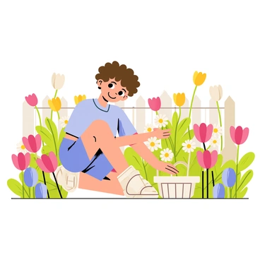 A child with curly brown hair is kneeling in a garden filled with a variety of colorful flowers. The flowers are in vibrant shades of pink, yellow, and blue, creating a cheerful atmosphere. The child is wearing a light blue shirt and shorts, with a small basket beside them. They are gently picking a cluster of daisies, smiling as they do so. Behind them, there are decorative flower pots and a wooden fence, contributing to the delightful ambiance of the flower shop garden.