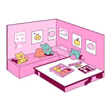 A pink section dedicated to "kawaii" art displays various cute illustrations featuring adorable characters and animals. On one side, there are plush toys arranged in a neat row, including a fluffy teal bunny, a small yellow kitten, and a round orange bear. The walls are decorated with pastel-colored posters showcasing smiling fruits and cheerful cloud characters. There is also a small white table set in the center, displaying colorful art supplies like markers and stickers, inviting visitors to create their own cute art.