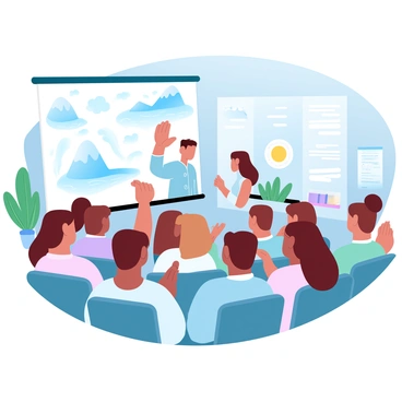 A classroom filled with various students of different backgrounds attentively facing an animated teacher. The teacher is standing in front of a large whiteboard that has colorful illustrations depicting climate change concepts such as melting ice caps and rising sea levels. The students are engaged, with some taking notes and others raising their hands for questions. Bright educational posters about the environment adorn the walls, and there are plants on the windowsill providing a touch of greenery. The overall atmosphere is vibrant and focused on the topic of climate change.