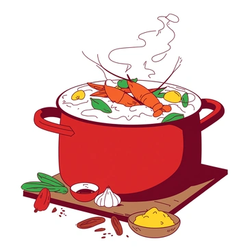 A vibrant red pot is filled with boiling water, creating a frothy, bubbling surface. The pot is overflowing with bright orange crawfish, alongside an assortment of green vegetables and spices. The crawfish are partially submerged in the water, showcasing their vivid colors. Steam rises from the pot, creating a dynamic sense of heat and movement. Various spices, characterized by their distinct shapes and sizes, are scattered around the pot on a wooden surface, completing the lively cooking scene.