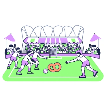 A group of athletes is energetically engaged in a game on a grassy field within a unique sports stadium. The athletes, diverse in appearance and attire, are positioned in various stances, showcasing their dynamic movements. In the center of the field, there is a large, twisted pretzel being used as the ball, with players aiming to pass it to each other. Surrounding the field are stands filled with spectators, some cheering and others capturing the moment on their devices. The stadium is characterized by its distinctive architecture, with tall arches and a roof that highlights its unusual design. Bright banners are displayed around the stadium, adding to the lively atmosphere.