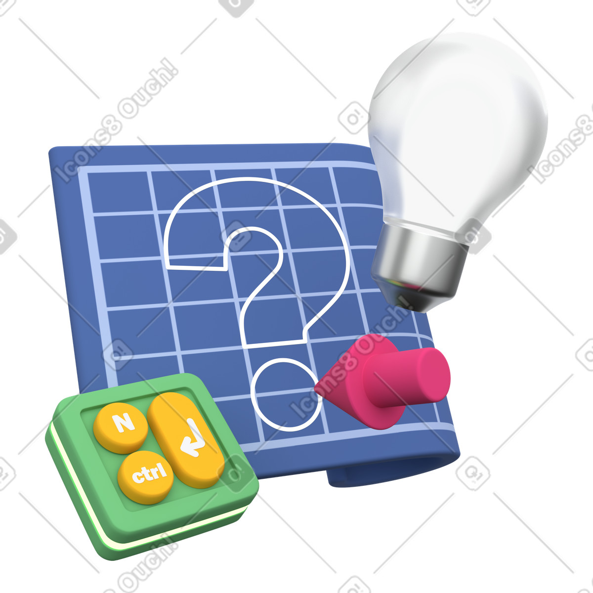 Product development workflow with lightbulb idea and blueprint concept illustration in 3D Grid style download in PNG, SVG