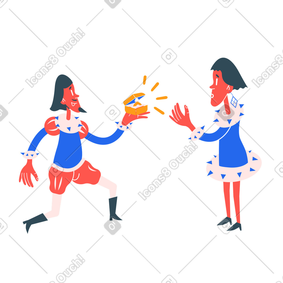 Ilustración Hombre proponiendo matrimonio a una mujer con anillo de diamantes en estilo Kingdom descargar en PNG y SVG