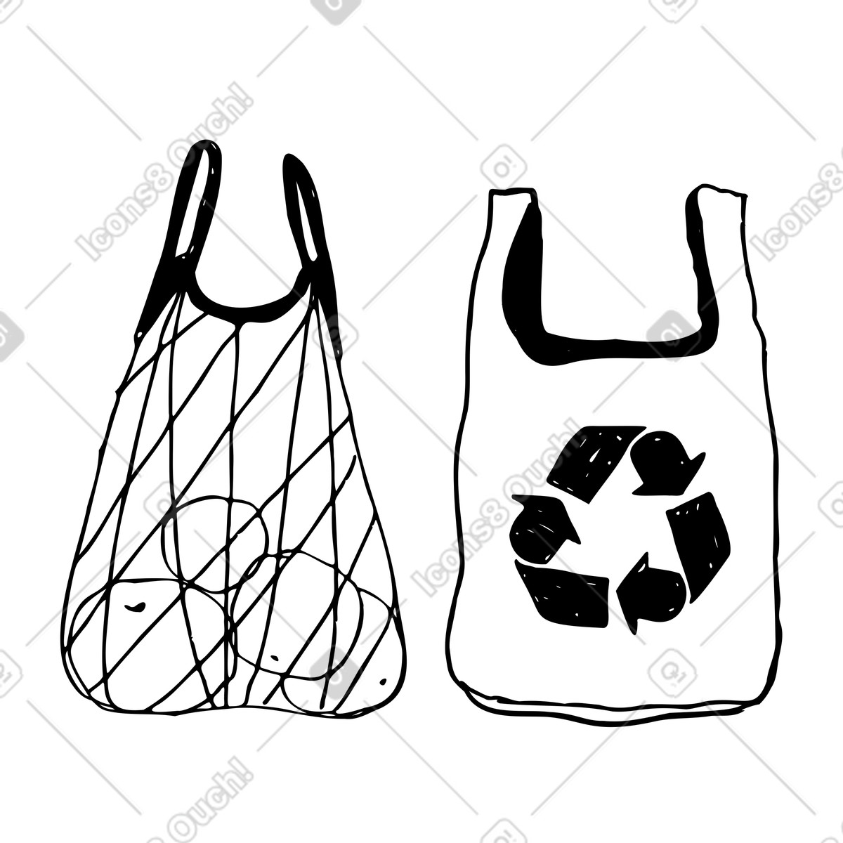 String bag vs recyclable plastic illustration in Marks style download in PNG, SVG