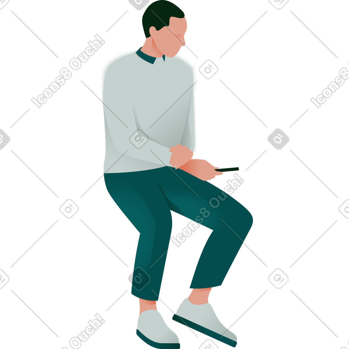Seated man holding a phone illustration in Office style download in PNG, SVG