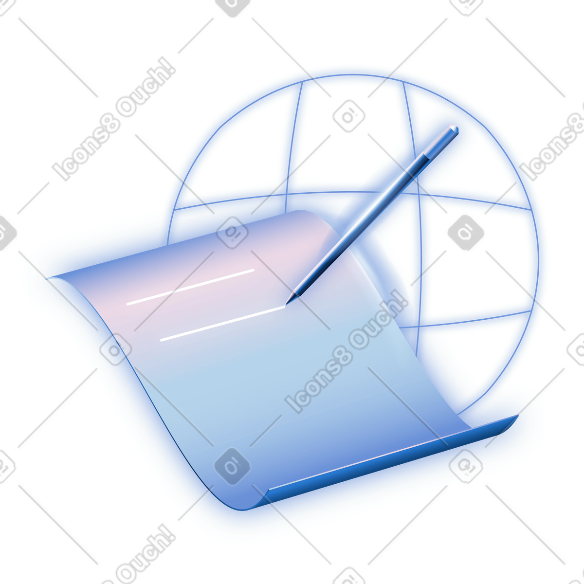 Glowing paper sheet with stylus, document editing and online form filling illustration in Dimension style download in PNG, SVG