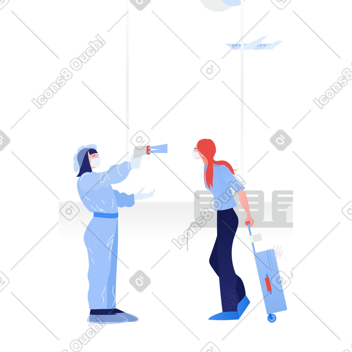 Temperature check at airport during pandemic illustration in Clip style download in PNG, SVG