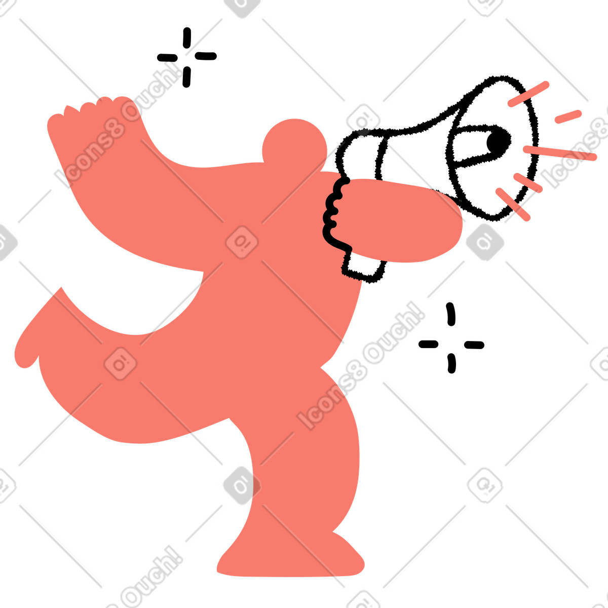 下载 Bold People 风格的 Megaphone character running and announcing marketing message with decorative sparkles 插画，支持 PNG、SVG 格式