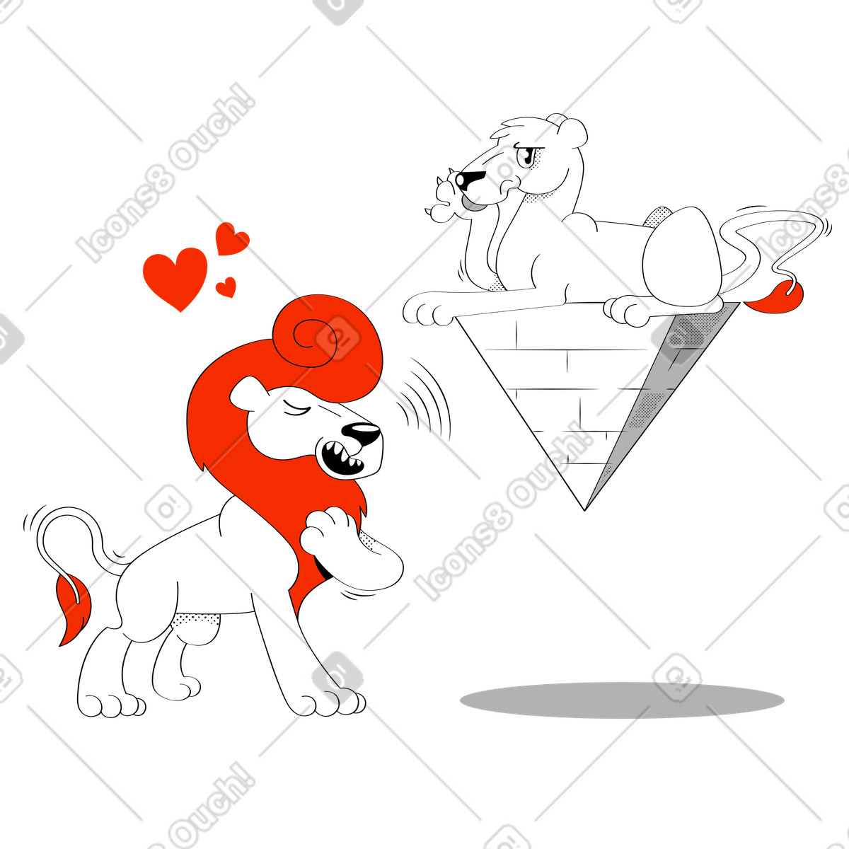 Löwe bringt einer löwin auf pyramide ein ständchen-Illustration im Looney-Stil als Download in PNG, SVG