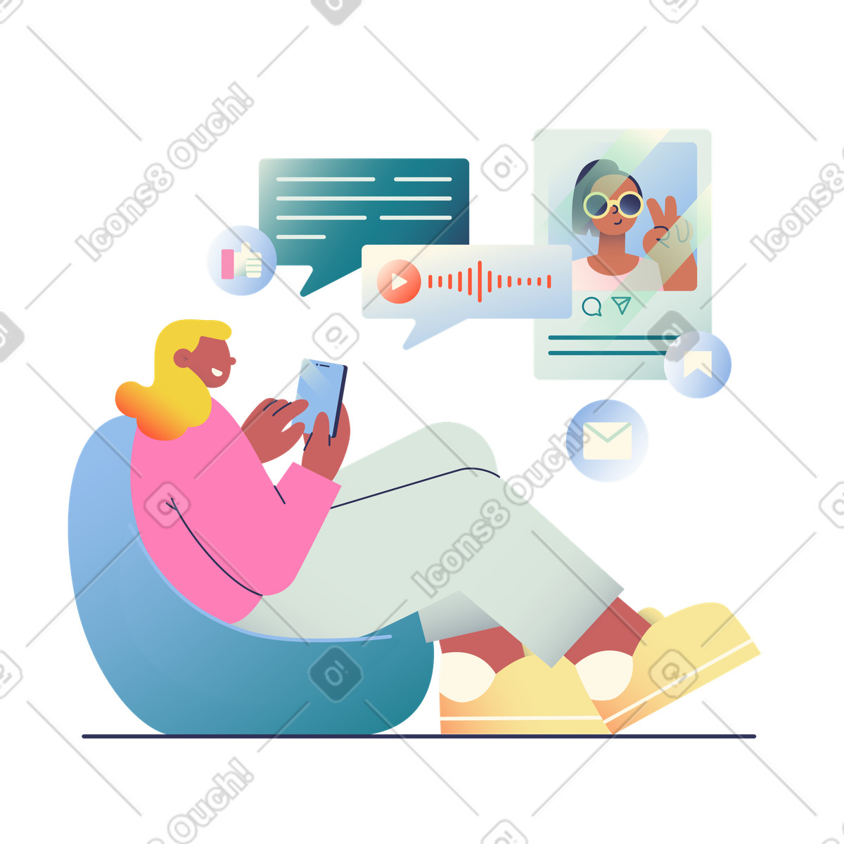 Woman using social media illustration in Beam style download in PNG, SVG