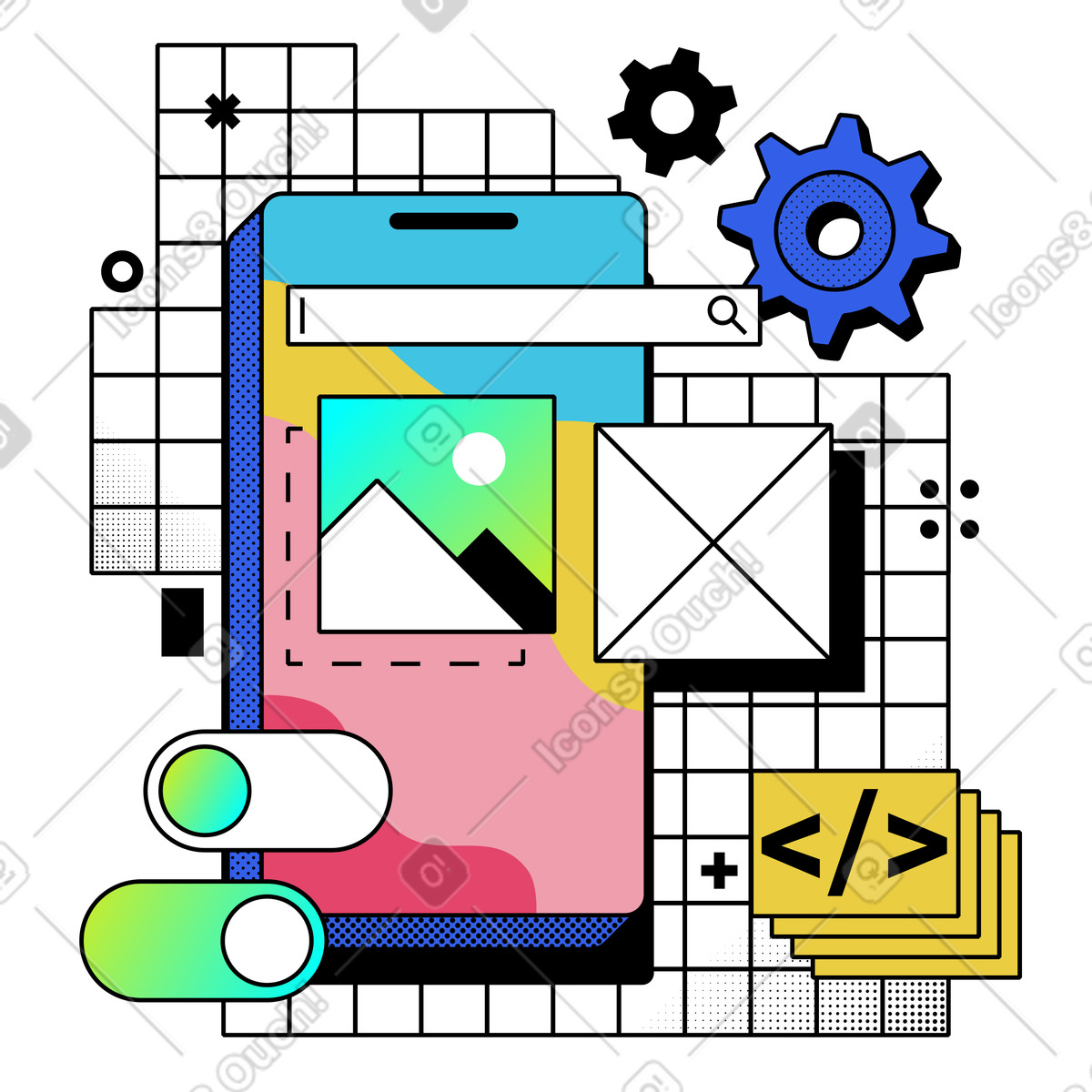 Memphis スタイルの モバイルアプリ開発とアプリケーションプログラミング のアニメーションイラストをGIF、Lottie (JSON)、AEでダウンロード