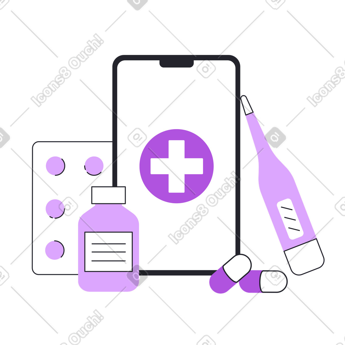 Иллюстрация Смартфон с онлайн-медицинским приложением в окружении таблеток и термометра в PNG и SVG