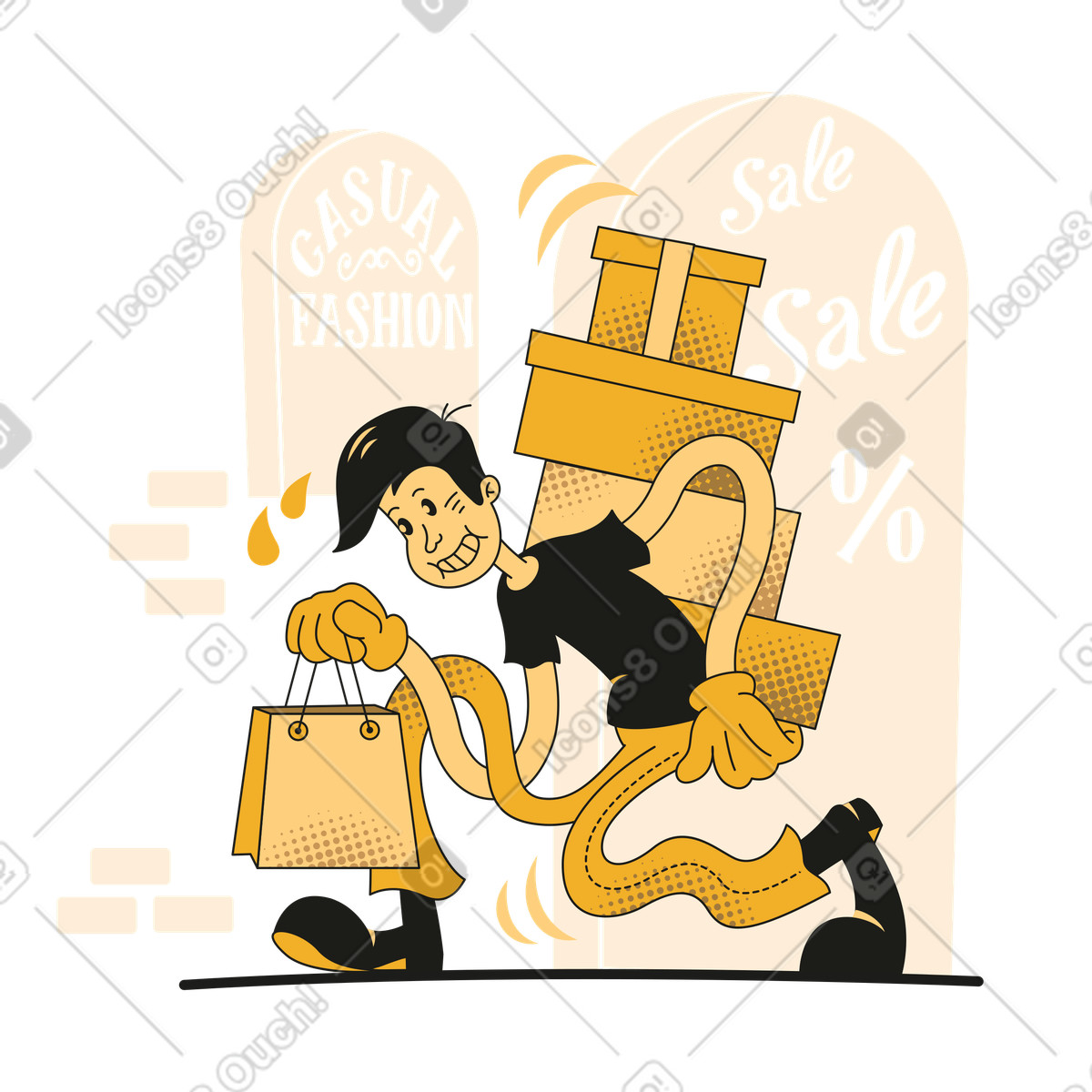 Man carrying gift boxes on his back illustration in Rubber style download in PNG, SVG