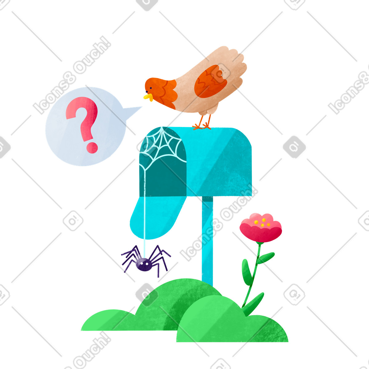No new messages or notifications, chicken on empty mailbox with spiderweb illustration in Bonbon style download in PNG, SVG