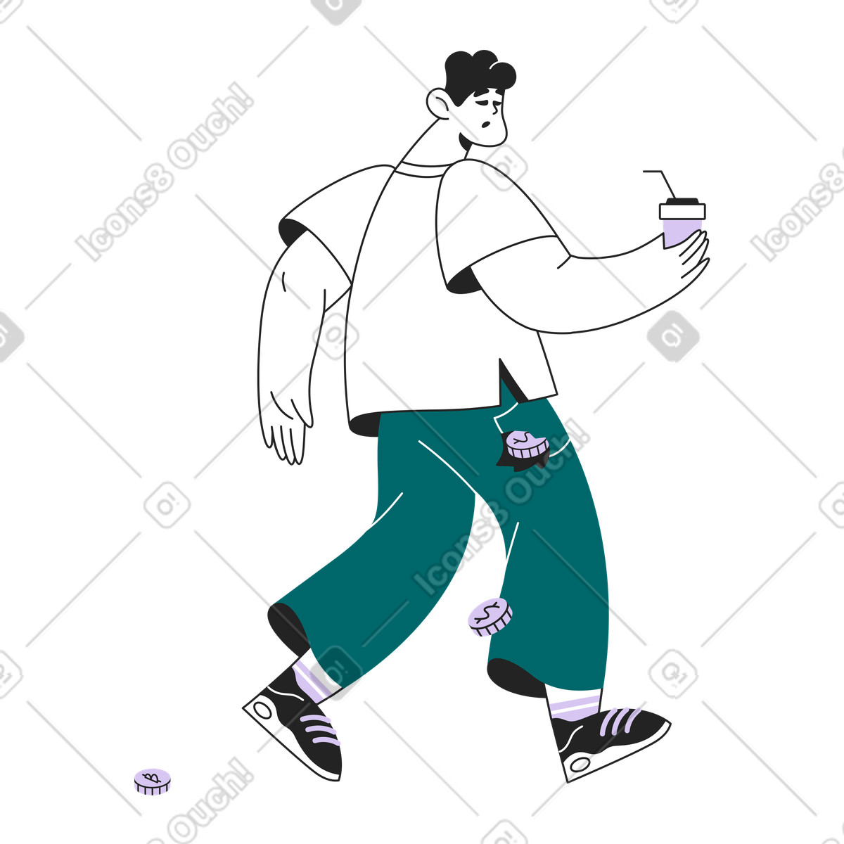 Sammy Line スタイルの Person losing cash while walking, careless spending and money loss のイラストをPNG、SVG形式でダウンロード
