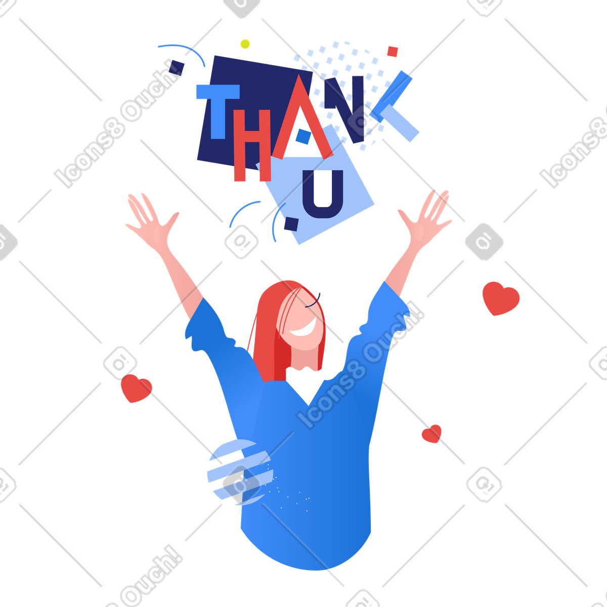 Woman raising hands with thank you text illustration in Clip style download in PNG, SVG