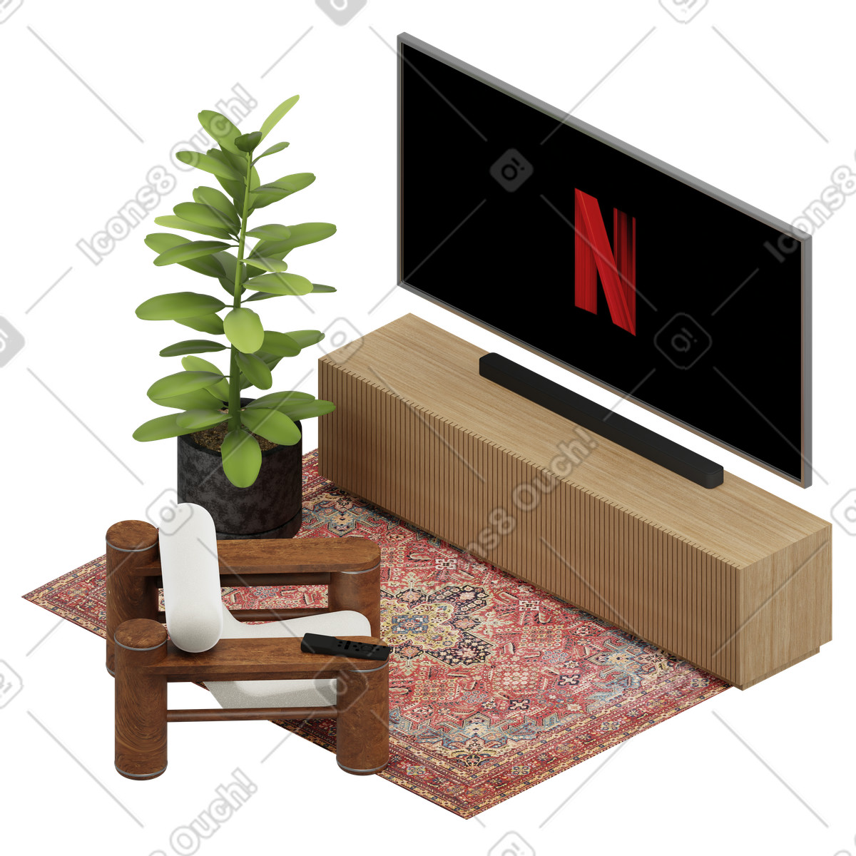 Isometric armchair and tv on a side table illustration in 3D Rooms style download in PNG, SVG