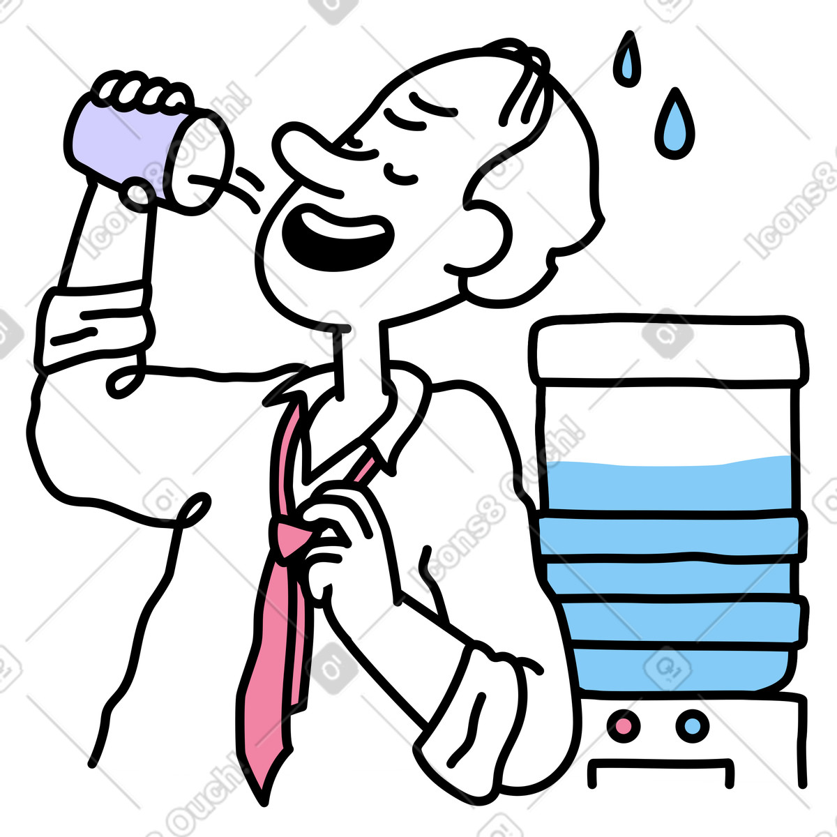 Illustration Un homme boit avidement l’eau d’une glacière dans le style Notes à télécharger aux formats PNG, SVG