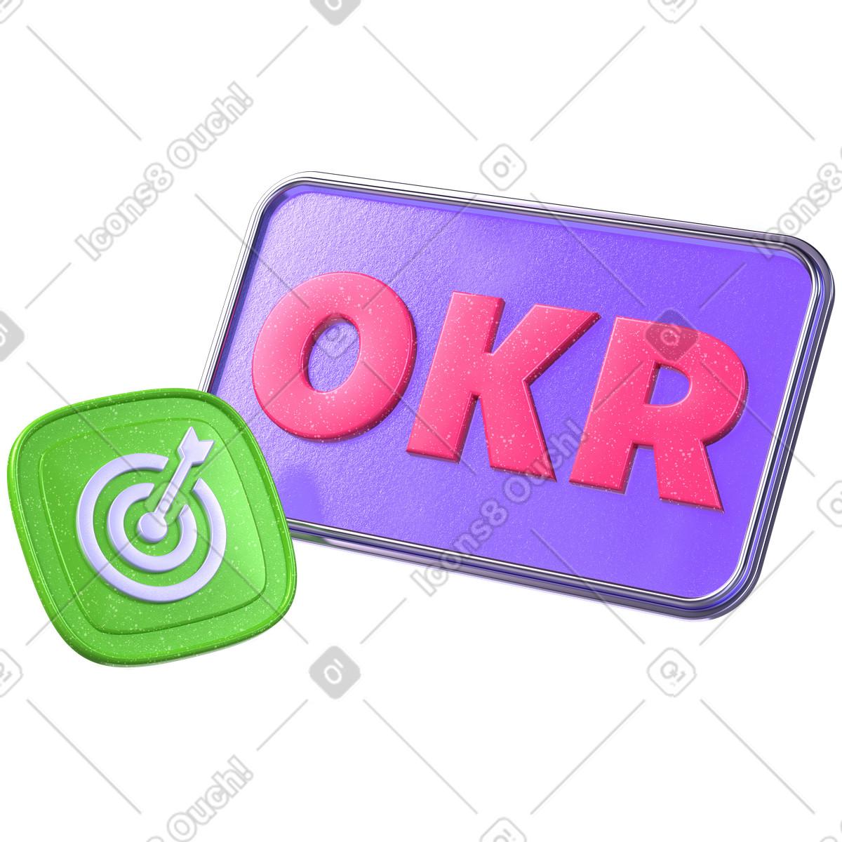 OKR text with target icon, goal setting and business performance alignment, objectives key results planning illustration in 3D Boost style download in PNG, SVG