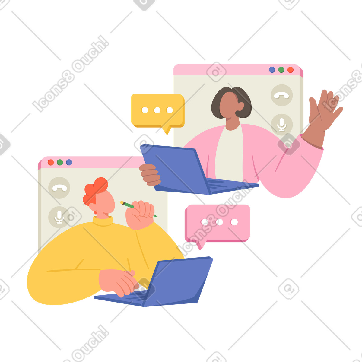 Colleagues at an online meeting animated illustration in Social style download in GIF, Lottie (JSON), AE