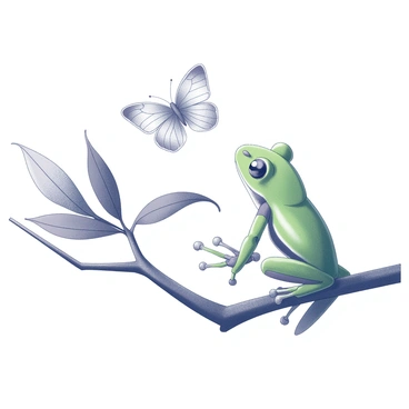 A tree frog with vivid green skin is perched on a branch, its large eyes wide open in curiosity. It is positioned at the edge of a leafy area, focusing intently on a delicate butterfly. The butterfly is resting on a nearby leaf, its wings partially spread, displaying intricate patterns. The frog’s limbs are slightly tense, as if ready to leap, while the leaves surrounding them create a natural frame, emphasizing the interaction between the two creatures.