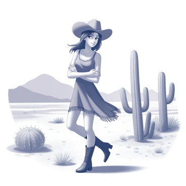 A cowgirl stands confidently in a desert landscape. She is wearing a stylish western hat that casts a shadow over her face. Her outfit features a fringed dress that flows gently in the warm desert breeze. The sun is shining brightly, creating distinct shadows on the sandy ground. Cacti and sparse vegetation surround her, adding to the arid setting. In the background, distant mountains rise against the clear sky, completing the scene with a sense of vastness.