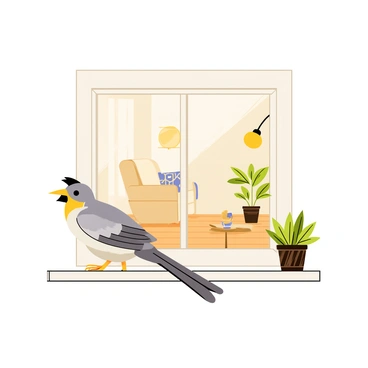 A mockingbird with gray and white feathers is perched on a wooden windowsill. The window is slightly open, allowing the bird to lean forward and peer into a cozy room. Inside the room, there is a soft armchair with a patterned cushion and a small round table beside it, topped with a steaming cup of tea. A warm glow emanates from a floor lamp in the corner, casting light across the wooden floor. A potted plant is situated on the windowsill alongside the mockingbird, adding a touch of greenery to the scene.