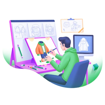 An animator is seated at a desk, sketching new designs for a classic cartoon character. The animator is focused, with a sketchpad in front, where a new, modernized version of the character is taking shape. The character features vibrant colors and contemporary clothing, such as a stylish jacket and sneakers. Surrounding the animator are drawing tools, including pencils, erasers, and markers. On the wall behind, there are inspiration boards with various sketches of the character in different poses and expressions. A computer screen displays a digital version of the character, adding to the creative atmosphere.