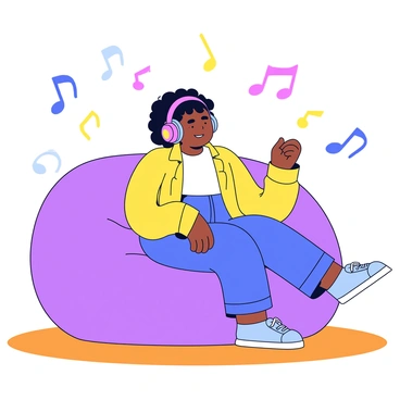 A plus-sized woman with curly hair is sitting comfortably on a soft, oversized bean bag chair. She is wearing casual, cozy clothing and has large, colorful headphones covering her ears. Her eyes are closed, and she has a content smile on her face as she enjoys the music. Surrounding her are vibrant, floating musical notes in various colors, representing the tunes she is lost in. The floor beneath her is a warm, wooden texture.