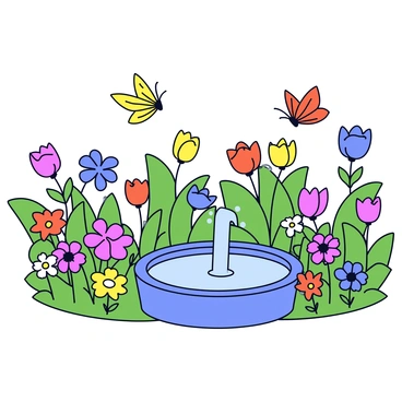 A lush garden filled with a variety of colorful flowers such as tulips, daisies, and roses. Butterflies in bright colors like yellow, orange, and blue are fluttering around the blossoms. In the center of the garden, there is a small, round fountain with gentle water flowing from the top. The fountain is surrounded by green foliage and the vibrant flowers, creating a lively scene.