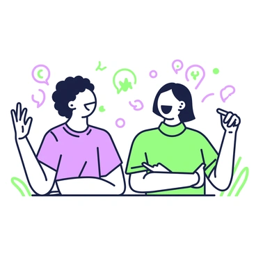 Two people are engaged in a conversation, animatedly communicating through gestures. The first person, on the left, has curly hair and is making an expansive hand gesture, indicating excitement. They are wearing a casual shirt. The second person, on the right, has straight hair and is nodding while raising an eyebrow, depicting curiosity. Their arms are crossed, suggesting engagement. Both individuals have expressive facial reactions; the first person shows a wide smile, while the second's expression reflects concentration. In the background, there are faint outlines of abstract shapes that suggest a lively conversation environment.