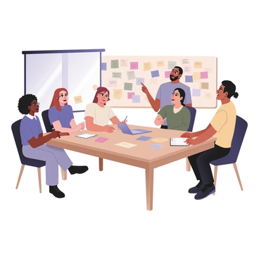A digital flat illustration depicting a diverse group of team members engaged in a brainstorming session. There are five individuals around a large table covered with colorful sticky notes. The first person, on the left, has dark skin and curly hair, wearing a blue shirt and glasses, enthusiastically pointing at a sticky note. The second person, to the right of the first, has light skin and long red hair tied in a bun, wearing a white blouse, taking notes on a notepad. Across from them, a woman with medium skin and short black hair, dressed in a purple top, is smiling and contributing to the discussion. Next to her, a man with tan skin and a beard, wearing a gray sweater, is placing a sticky note on a wall filled with ideas. The last individual, on the far right, has olive skin and is wearing a yellow t-shirt, nodding in agreement with excitement. The background features a bright and modern office space with a large window letting in natural light.