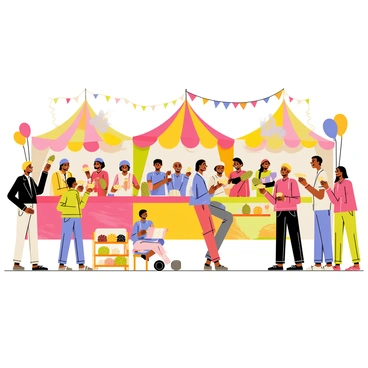 A lively festival scene filled with colorful tents and decorations. Groups of people of diverse backgrounds are gathered, smiling and interacting with each other. Some are enjoying various durian treats, such as durian ice cream, durian pastries, and fresh durian slices, displayed on vibrant tables. A small stage features musicians playing lively tunes that resonate throughout the scene. Colorful lights hang from the tents, adding to the festive atmosphere. Balloons and streamers are visible in the background, creating a joyful ambiance.