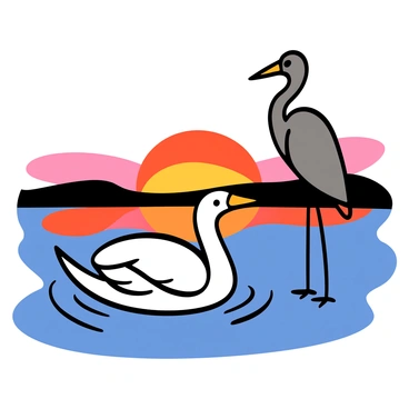 A graceful white swan with an arched neck and soft feathers gliding smoothly across the water's surface. Next to the swan, a tall heron with long legs and a sharp beak stands, poised and elegant. The tranquil lake reflects the vibrant colors of the sunset, with shades of orange, pink, and purple filling the sky. Gentle ripples radiate from the swan as it swims, creating a serene scene of harmony between the two birds.