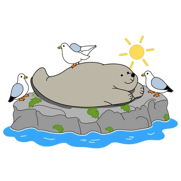 A round seal with soft gray skin and large dark eyes is lying comfortably on a rugged rocky outcrop. The sun is shining brightly, highlighting the seal's sleek body as it relaxes. Nearby, several cheerful seagulls with white feathers and yellow beaks are perched on the rocks and flapping their wings. Some of the seagulls are searching for food, while others are curiously looking at the seal. The rocky surface is dotted with patches of green seaweed, and the sparkling blue ocean is visible in the background, enhancing the lively scene.