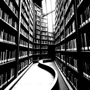 A library maze is depicted with towering bookshelves that stretch towards the ceiling. The bookshelves are filled with numerous books, showcasing various sizes and shapes. The paths between the bookshelves wind and curve, creating a labyrinth-like structure. Soft light filters through the tall windows, casting elongated shadows on the wooden floor. The atmosphere is filled with an air of quiet exploration, inviting a sense of curiosity in those navigating the maze.