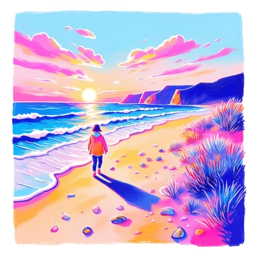 A solitary figure dressed in a light jacket is walking along a deserted beach. The sky is painted in soft shades of orange, pink, and purple as the sun begins to rise over the horizon. Gentle waves lap against the shore, leaving a trail of foam. The soft, golden sand stretches out in both directions, with a few scattered seashells and small pebbles visible. In the distance, silhouettes of distant cliffs are faintly outlined against the colorful sky. The atmosphere is calm and peaceful, with only the sound of the waves breaking the silence.